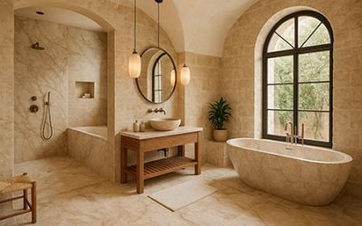 Salle de bains méditerranéenne : marbre, pierre naturelle et esprit spa